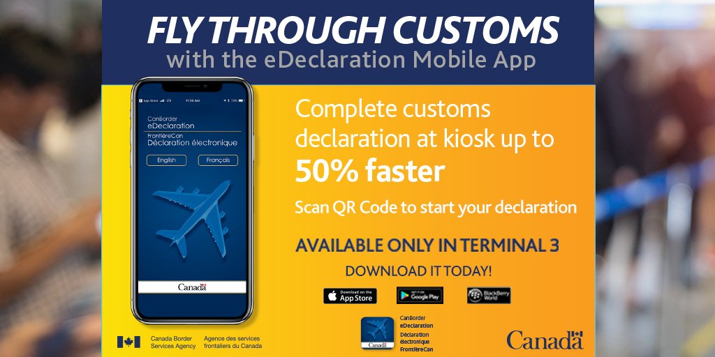 TorontoPearson's tweet photo. Travelling abroad from Terminal 3? @CanBorder’s eDeclaration app can cut your time at a customs kiosk by up to 50%. Download it now to travel smoother: https://t.co/F6qNLLVdWi. https://t.co/mbhL9qGrfp