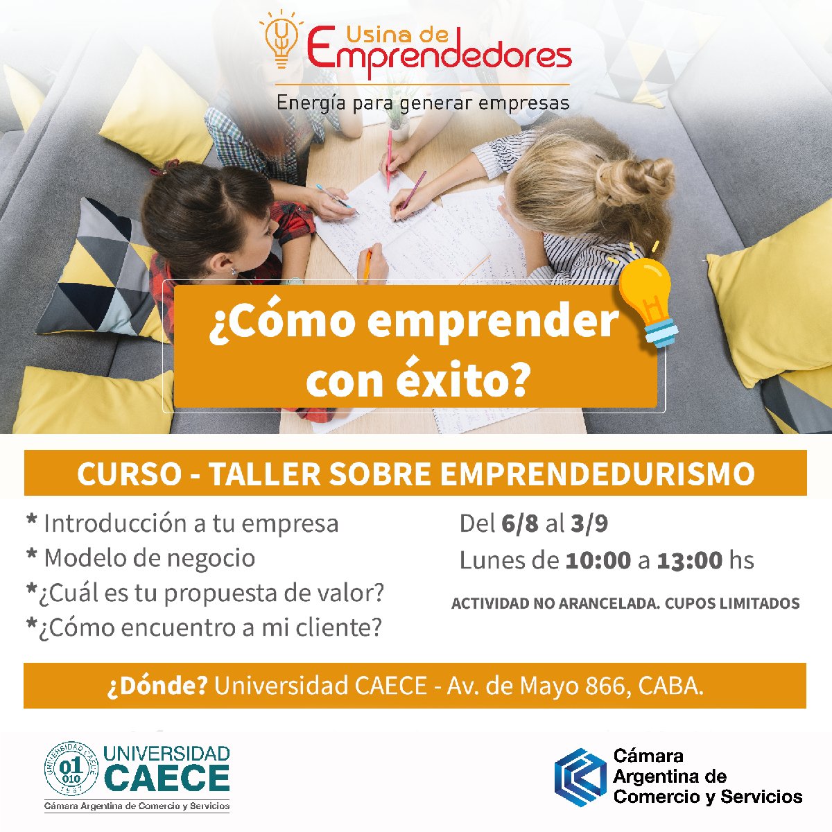 InfoUsinaa's tweet image. 📣 Se acerca agosto y abrimos los cupos para un nuevo curso para #Emprendedores: &apos;¿cómo emprender con éxito?&apos; ¿qué esperas para anotarte? podes hacerlo ingresando a ➡️ goo.gl/DuQVuj

🗓️ Todos los lunes, a partir del 6/8, a las 10:00 hs. 
📍 Universidad CAECE.