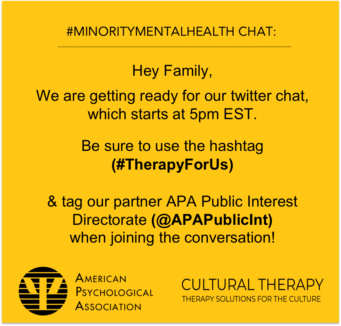 Therapy_ForUs's tweet photo. Hey Family!
Who's ready to chat about mental health advocacy?
Be sure to tag our partner @APAPublicInt & use the hashtag #TherapyForUs https://t.co/0rnnjVgD6h