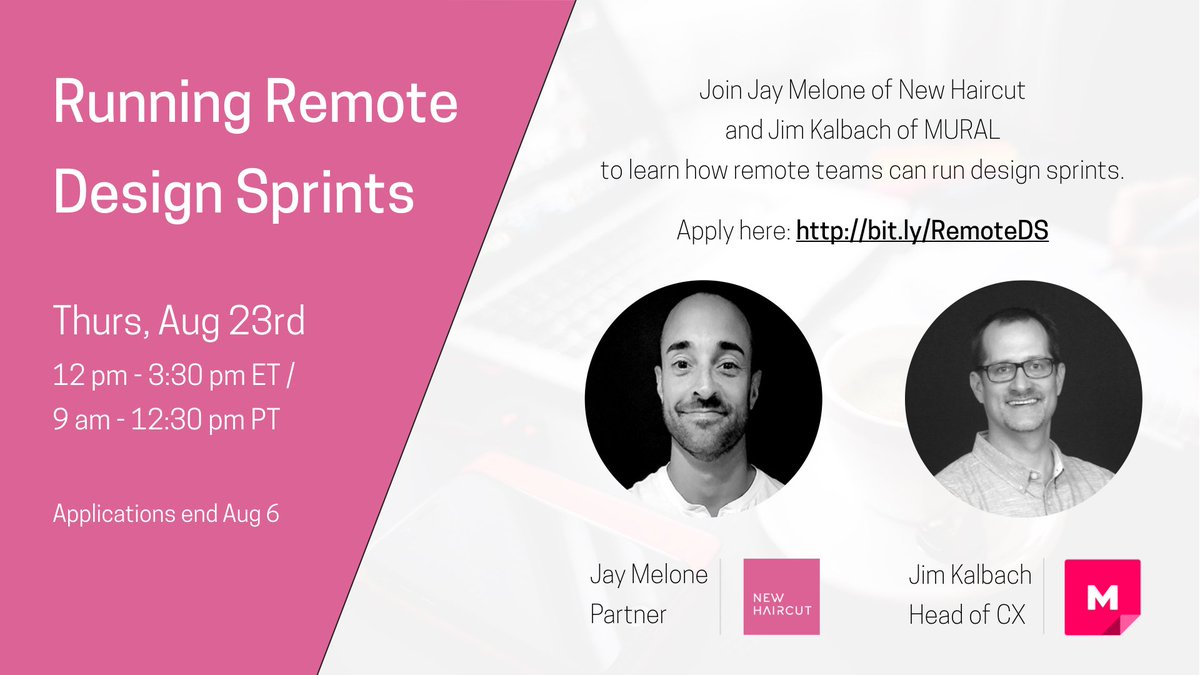 newhaircutco's tweet image. We’re teaming up with @JimKalbach and @MURAL to show how remote teams can successfully run virtualized design sprints.

We’re inviting 12 people to join us on 8/23. Apply here: bit.ly/RemoteDS

#Remote #RemoteDesignSprint #RemoteSprint #RemoteWork #VirtualWorkshop