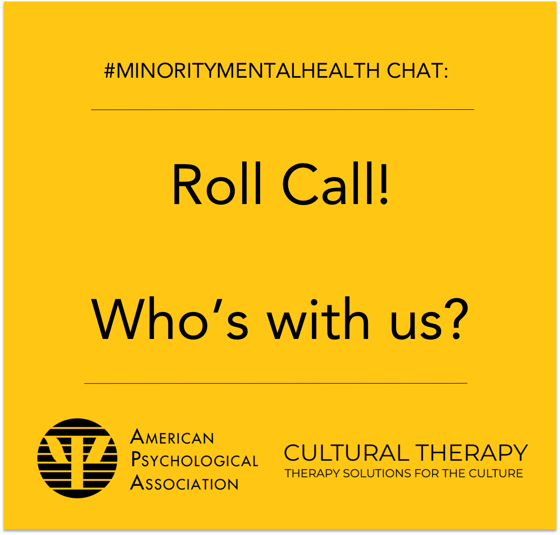Therapy_ForUs's tweet photo. We'd love to know who's chatting with us? Tag yourself so we can say hi!
@APAPublicInt #TherapyForUs #MinorityMentalHealth #MinorityMentalHealthMonth https://t.co/DdkWxj5Go3