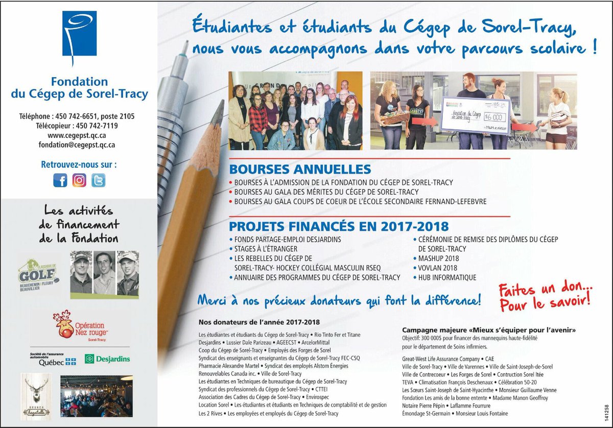 Nous sommes dans le journal les <a href="/2RivesSorel/">Les 2 Rives</a> aujourd'hui! Nous remercions nos donateurs de l'année 2017-2018 et nous vous présentons nos projets financés! :) #soreltracy #fondation #cegep <a href="/cegepsoreltracy/">Cégep de Sorel-Tracy</a>