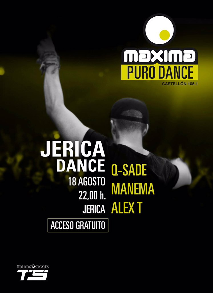 TSaudiovisuales's tweet photo. ¡¡JERICA DANCE CON MAXIMA FM CASTELLÓN!! 

Ven a disfrutar de todo el musicote con la sesión de los de Djs de MAXIMA FM CASTELLÓN : 
Q Sade, Manema y Alex Ti. 

Organiza San Roque 2018, una realización de EspectáculosTS. 
¡¡VEN AL FIESTOTE DEL VERANO!! https://t.co/bBuJbuQAyy