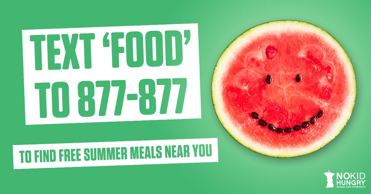 StopHungerUSA's tweet photo. Did you know that @NoKidHungry runs a free #summermeals texting service?! 🤔 You can help connect kids and teens in your community to the food they need to learn, play, and thrive by texting FOOD or COMIDA to 877-877. 📲 @GenerationNKH #TeamNKH #TakeBackSummer https://t.co/QwOCGu77Gk