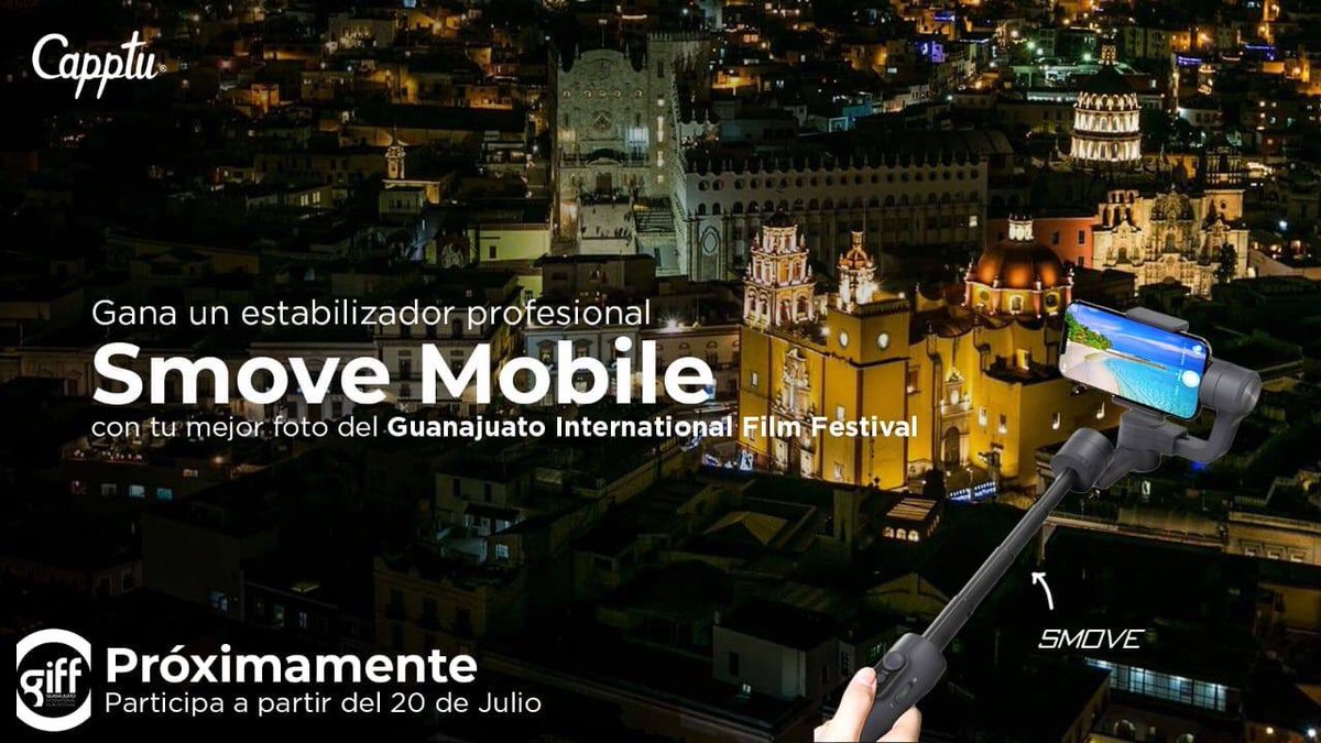 SarahHochMex's tweet photo. Comparte tu mejor foto en #GIFF2018, súbela a Capptu y gana un kit GIFF+estabilizador profesional Smove Mobile. 

Tienes hasta el 5 de agosto!!
https://t.co/wuiIBMaBgz @giffmx @PRENSAGIFF @RallyGIFF @imcine @SECTURGTO @SaludGuanajuato @gobiernogto @turismo_sma @guanajuato_cap https://t.co/fTYnnMOZCw
