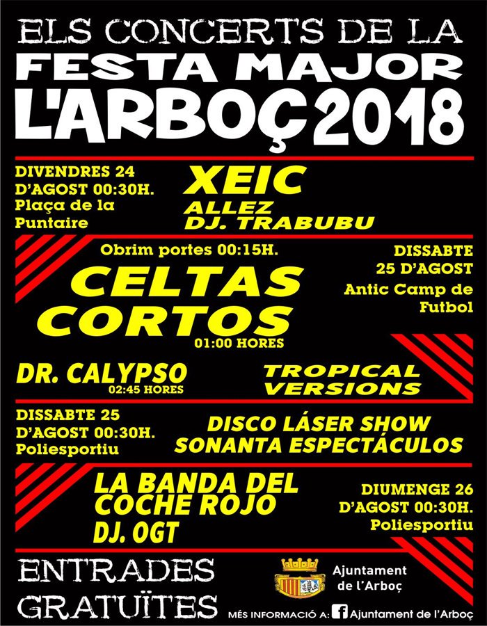 LaProvinciaTgn's tweet photo. Es presenta el Cartell amb tots els concerts de  la Festa Major de l’Arboç 2018.

Celtas Cortos serà cap de cartell en una Festa Major amb molta música i grups de primer nivell com Dr. Calypso o el Grup Xeic https://t.co/M8iINyUday