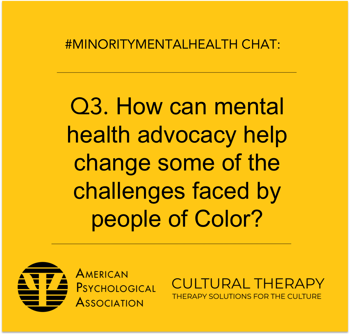 Therapy_ForUs's tweet photo. Q3. How can mental health advocacy help cahnge some of the challenges faced by people of Color?
@APAPublicInt #TherapyForUs #MinorityMentalHealth #MinorityMentalHealthMonth https://t.co/9O6OWlRkRD