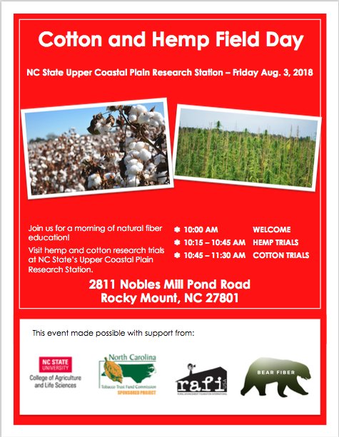 bearfiberinc's tweet photo. Join us for a morning of natural #fiber education on Friday, August 3, 2018! Visit #hemp and #cotton research trials at NC State’s Upper Coastal Plain Research Station. @NCStateCALS https://t.co/2l51eSGGNs
