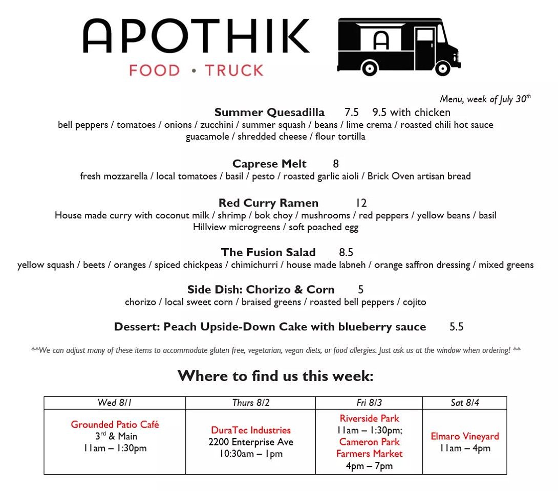 eatapothik's tweet photo. Menu Time!!! We have a new location this week. DuraTech Industries has invited us to park in their parking lot and this is open to the public. We are also headed up to Elmaro Vineyard again this Saturday. Have a wonderful week everyone! https://t.co/K2mLZ0RcHd