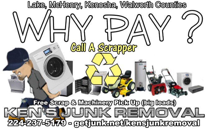 Call for Free Scrap Metal Pick Up (large amounts) Serving #Wauconda #LakeVilla #RoundLake #VernonHills #Lindenhurst #IL #Recycling - Ken's Junk Removal 224-237-5179