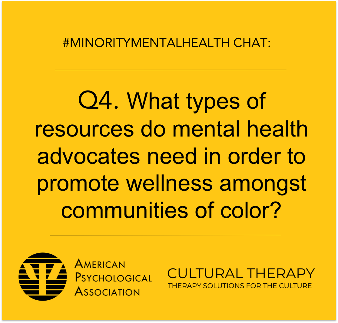 Therapy_ForUs's tweet photo. Q4. What types of resources do mental health advocates need in order to promote wellness amongst communities of Color?

@APAPublicInt #TherapyForUs #MinorityMentalHealth #MinorityMentalHealthMonth https://t.co/d4sxb9vCVO
