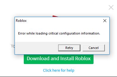 Robloxcritical Error While Loading Critical Configuration Information When Launching Client Engine Bugs Roblox Developer Forum - roblox failed to download or apply critical settings