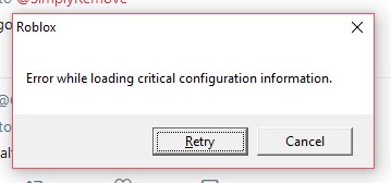 Robloxcritical Error While Loading Critical Configuration Information When Launching Client Engine Bugs Roblox Developer Forum - roblox failed to apply critical settings