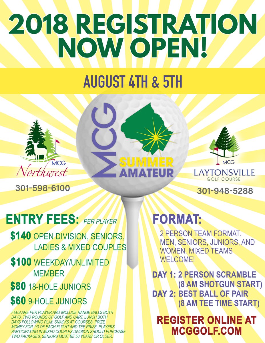 The Summer Amateur is an annual two-day event is open to all players, with divisions for Men, Women, Seniors, Mixed Couples, and Juniors! Registration ends TOMORROW so don't miss out on your chance to bring your A game. 

Register today - bit.ly/2ufHE3o