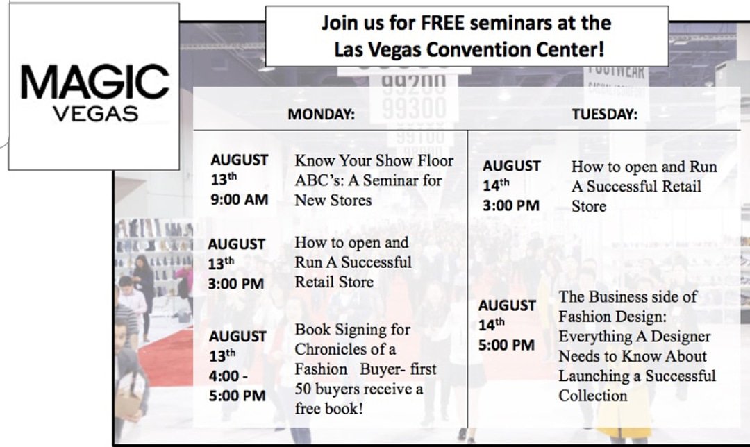 MercedesGPC's tweet photo. Its MAGIC time!
Here is our schedule of seminars and book signing event!
#lasvegastradeshows #MAGICmarketweek #wwdmagic #pooltradeshow #moda #wholesale #fashionclass #followthebuyers #retail101 #independentretailer #startupfashion #businessoffashion #sourcing #sourcingatmagic https://t.co/wkbKyzzfae