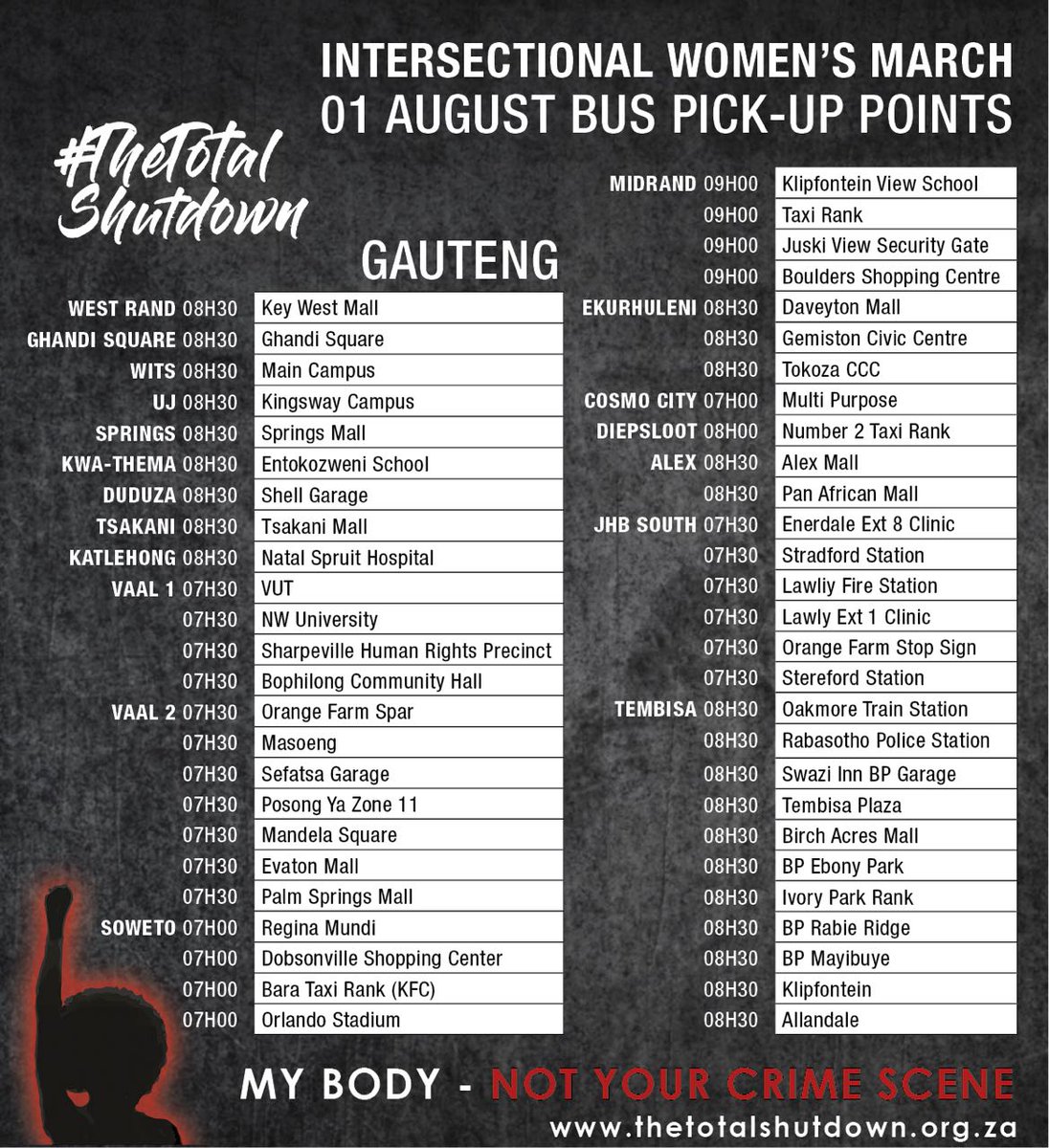 WomenProtestSA's tweet image. #TheTotalShutdown
#TotalShutdown

Good morning Gauteng we hope you are ready to hit the streets, please note these are our bus pick up points and these buses are free.