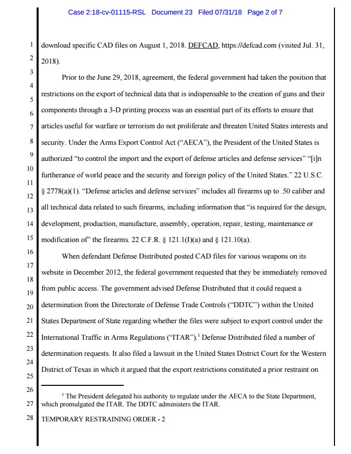 Renato Mariotti On Twitter Here Is The Temporary Restraining Order Prohibiting The Distribution Of 3d Printable Firearms It S Worth A Read For The Procedural History Detailing How The Federal Government Fought To