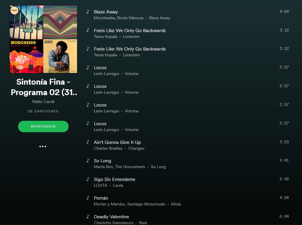 Pasó el segundo programa de #SintoniaFina por la <a href="/1023fmcba/">102.3 FM</a> y aquí está la #palylist completa: open.spotify.com…/…/playlist/7fFZ7VqJtWJMKwMGA2ZzXR Gracias a todos por los mensajes, el apoyo y las felicitaciones!