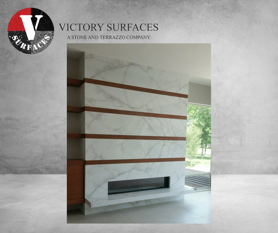 Stone surface completes the look of this beautiful fireplace! 
#stonefireplace #stonework #interiordesign #interiors #fireplace #fireplacestone #finishingtouches #victorysurfaces