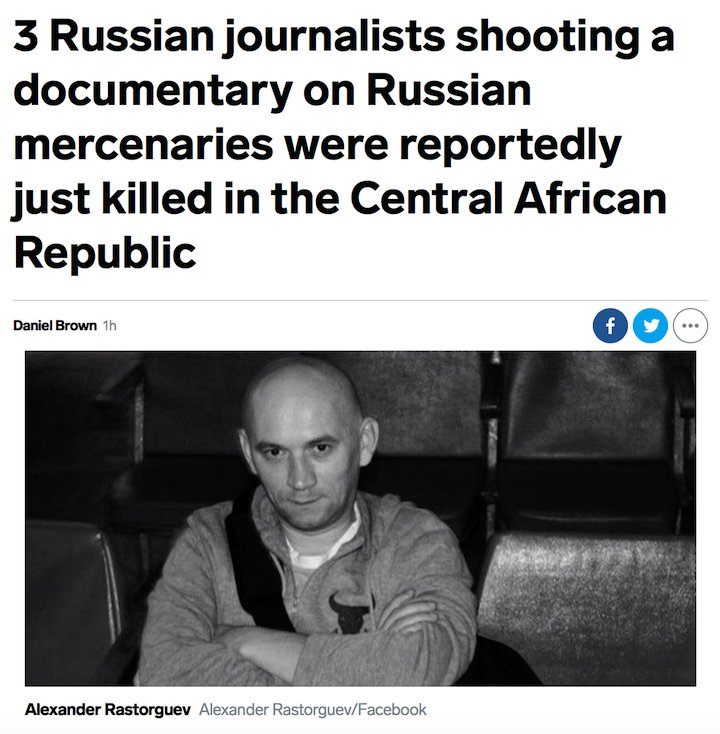 NEW: Three Russian journalists working on an expose of Russian mercenaries, the Wagner Group, were executed today in the Central African Republic. Wagner is linked to “Putin’s chef,” Prigozhin [heads of the Kremlin troll farm indicted by Mueller]. #Maddow  https://read.bi/2OxEPUw&nbsp;