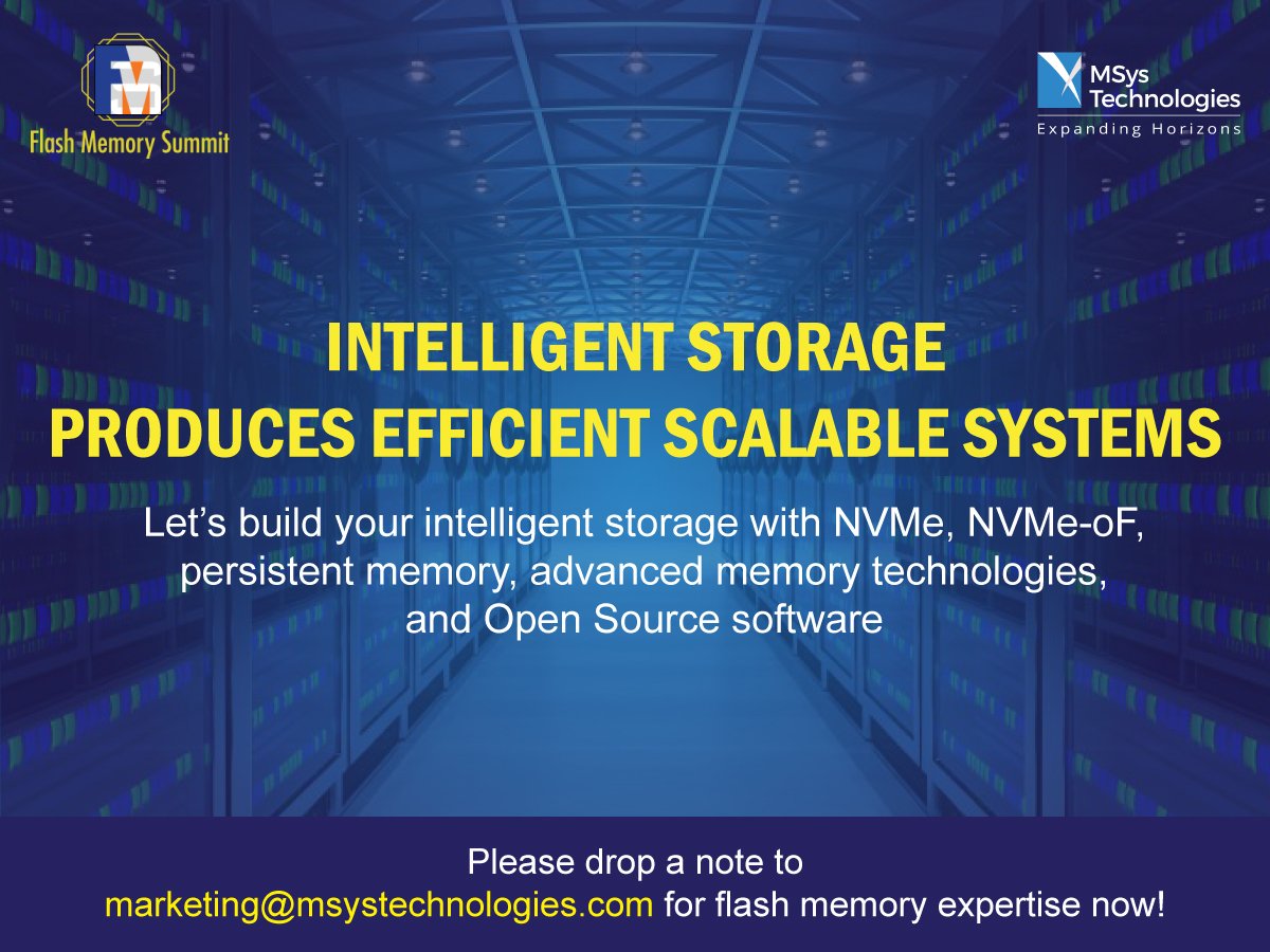 Let’s discuss and build your scalable #SSD storage with pervasive technologies such as #NVMe and #NVMeoF. Meet us at #flashmemorysummit 2018 msystechnologies.com/resources/news… …  <a href="/flashmem/">FMS: the Future of Memory and Storage</a> #FMS2018  #flashmemory #flashmem #datastorage #flashraid #allflash #PCIe #cloudstorage  #bigdata #IoT