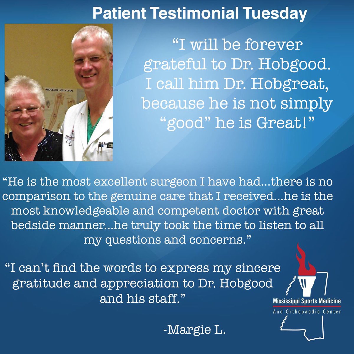 MissSportsMed's tweet photo. Patient Testimonial Tuesday - We love to hear from our patients!
Every experience has a story!
#mastersofone #msmoc #drhobgood #mssportsmedicine https://t.co/8V7BGFl4rs