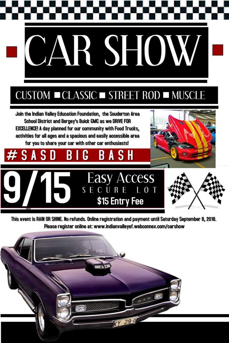 sahsalumni's tweet photo. Come on out to the High School on Saturday, September 15th for the Annual Homecoming Breakfast and stay for the #SASDBIGBASH. Test drive a Buick from Bergey's and the arts and music program will get $10 from each test drive. There will also be a car show for those interested. https://t.co/0q8pIgF4zt