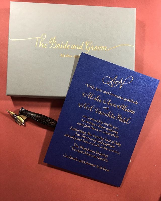 BoydCalligraphy's tweet photo. Small weddings can sometimes allow for individually lettered invitations - this group of 9 was a fun challenge with gold ink on textured dark blue paper! #weddinginvitation #bostonwedding #handlettering #bostonweddinggroup https://t.co/NJIIlJIA5o https://t.co/H5K3ErE3X1