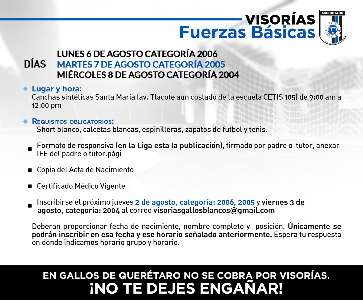 ¡Afición!

Nuestras visorías se aproximan, aquí les dejamos TODA la información. 😎⚽️

¡Únete a <a href="/ClubQueretaroFB/">Club Querétaro Fuerzas Básicas</a>! 🐔💪

👉goo.gl/PfP93w

#MiFuerzaEresTú