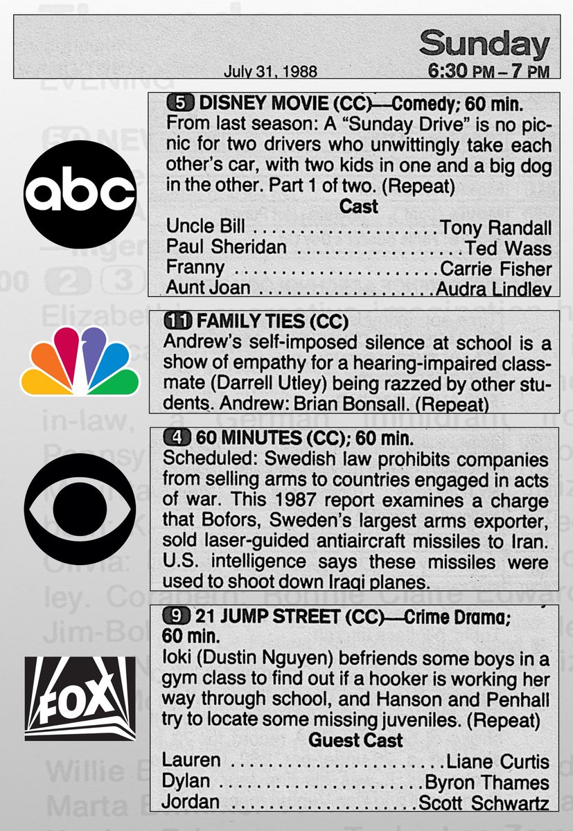 Retronewsnow در توییتر Primetime Television July 31 19 7 6c Disney Movie Sunday Drive Family Ties 60 Minutes 21 Jump Street T Co Ocwvygfsqh