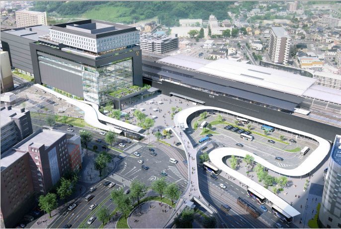 K_Onishi's tweet photo. 新しい熊本駅前広場のイメージパースをJR九州の青柳社長やデザイン監修を頂いた建築家の西沢立衛さんと共に昨日の記者会見で公表。広場空間には沢山の緑や水景施設を配置し憩える場所にすると同時に災害時の防災拠点として整備。2021年春の完成を目指します。新しい玄関口の完成をご期待下さい。 https://t.co/26LoxMDF7c