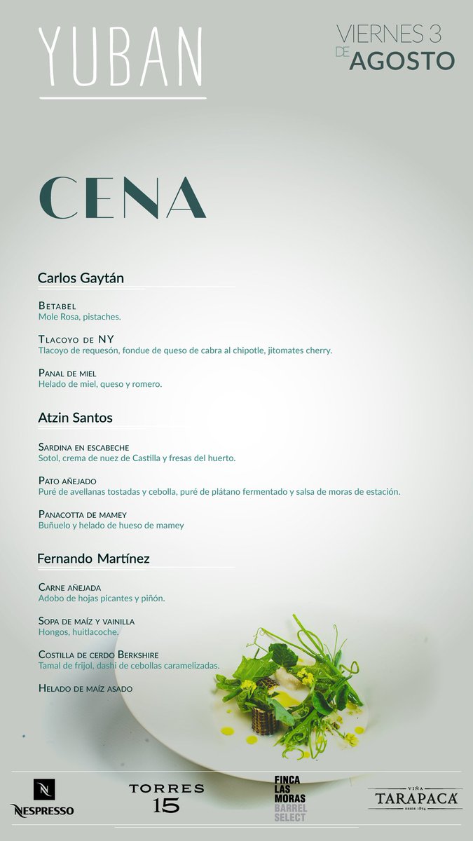 Tres extraordinarios chefs juntos en @YubanRoma, una experiencia gastronómica difícil de vivir nuevamente. Cena con <a href="/mexiquechicago/">Carlos Gaytan</a> + <a href="/Atzin160/">Atzin Santos</a> + <a href="/ferzavalayuban/">Fernando Martínez</a>. Viernes 3/Ago. Reservas 55 6387 0358