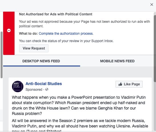 eglankler's tweet photo. Really glad that @facebook is cracking down on election interference from teachers trying to promote an educational podcast about Russian election interference. It's called irony, kids. #RussianHacking #thanksPutin https://t.co/BkP8tA7NVI