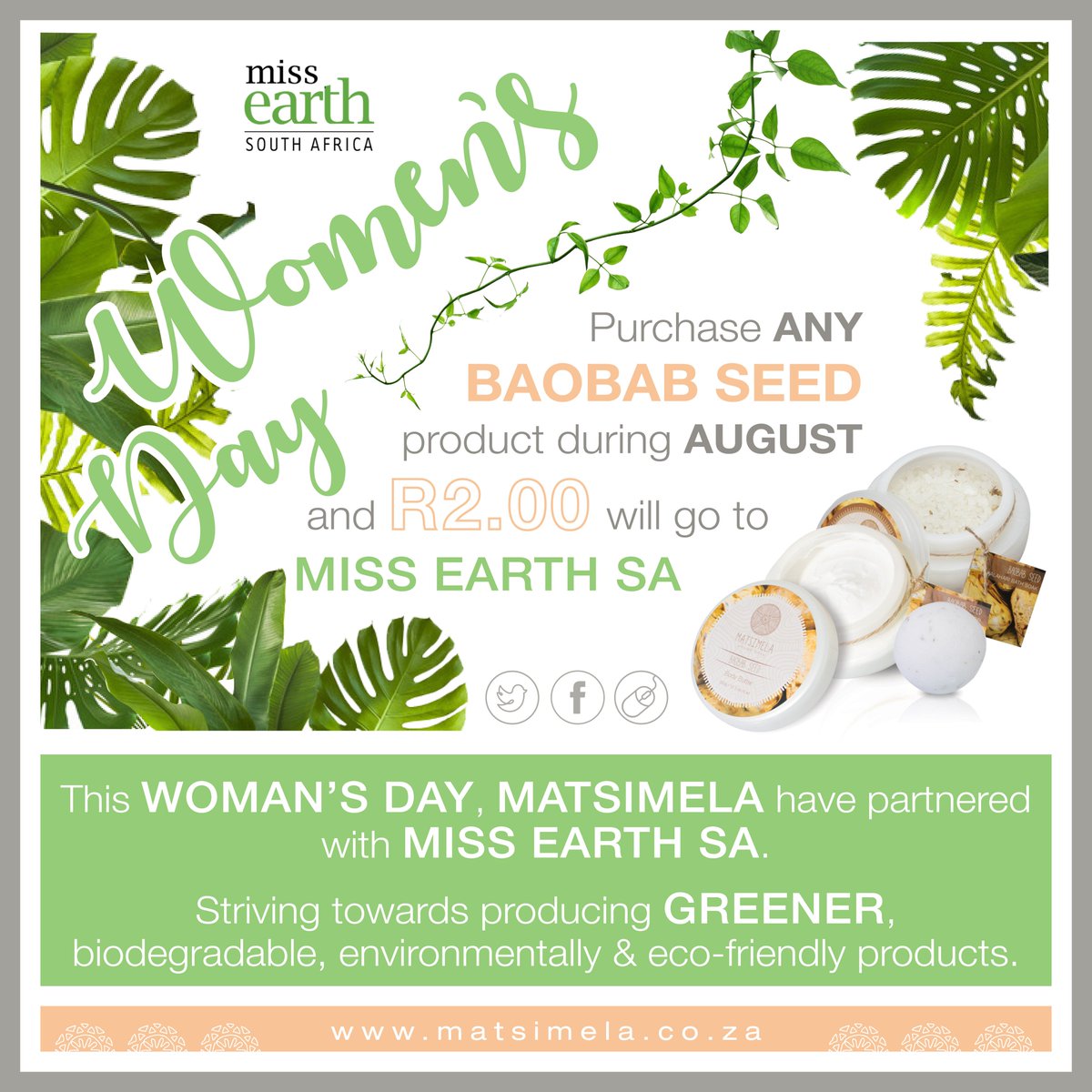 <a href="/MatsimelaHomSpa/">MatsimelaHomeSpa</a> have partnered with <a href="/missearth_sa/">Miss Earth South Africa</a> , as we continue to strive towards producing biodegradable and eco-friendly products focusing on formulating a greener base. We have developed the ethos of caring for yourself and the environment.#BaobabMissEarthSA