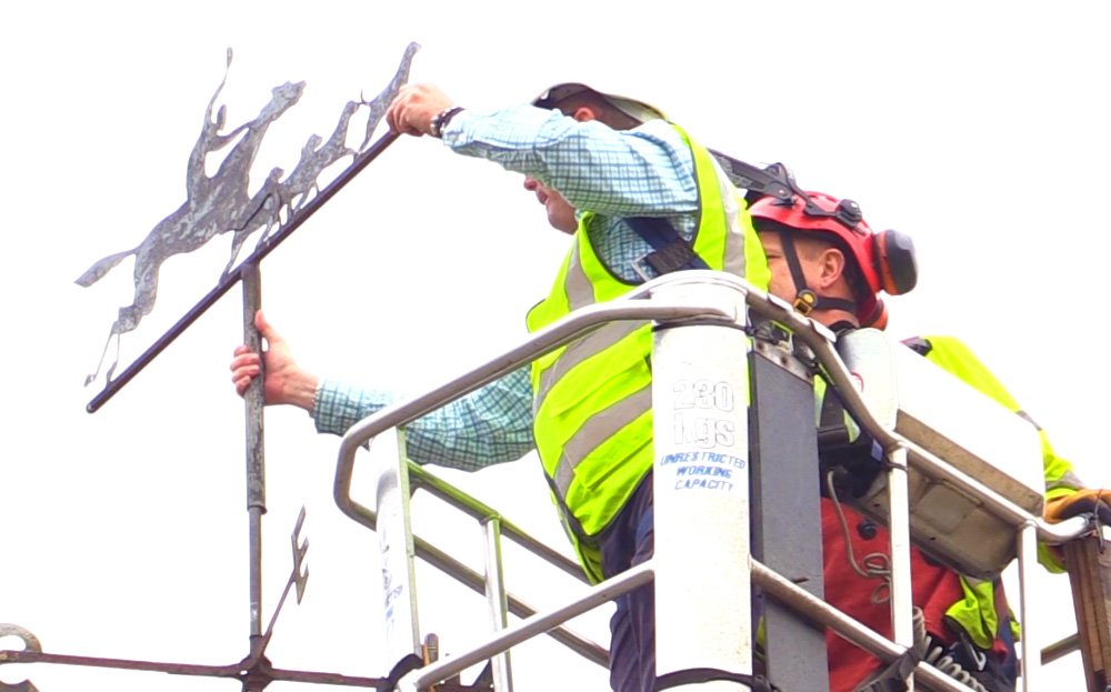 burghleyhouse's tweet photo. The weather vane close to Burghley's Garden of Surprises has been removed for The Creative Dimension who are running a gilding workshop this week. Watch this space - it should be quite a transformation! 
https://t.co/GM6fqe7Yxh
#gilding #workshop #burghleyhouse #creativedimension https://t.co/IAmDXDQHGv