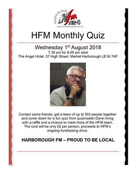 WhatsonHFM's tweet photo. TONIGHT! join Harborough FM for our monthly quiz. Our quiz takes place tonight Wednesday 1st August 8pm at the Angel Hotel with quizmaster Dave Irving - all proceeds to HFM's ongoing fundraising drive. @GdiDavid @angelhotel37 https://t.co/B7Pp0l8u1w