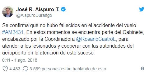 Spindoctors_cat's tweet image. Fa molts anys, allà, pel segle XX, els governs es comunicaven amb notes de premsa. Aquesta és la piulada del governador de Durango, José Aispuro després de l’accident del vol #AM2431 #compol #compolin