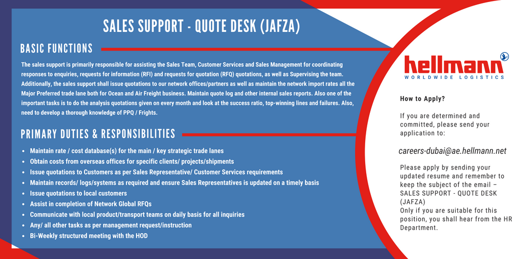 HellmannMESA's tweet photo. Hellmann UAE is hiring!
We are looking out for a Sales Support to join our Quote Desk team at JAFZA, Dubai
Please send your applications to careers-dubai@ae.hellmann.net
#HellmannUAE #HellmannMESA #Recruitment https://t.co/MiG8P6Bspg
