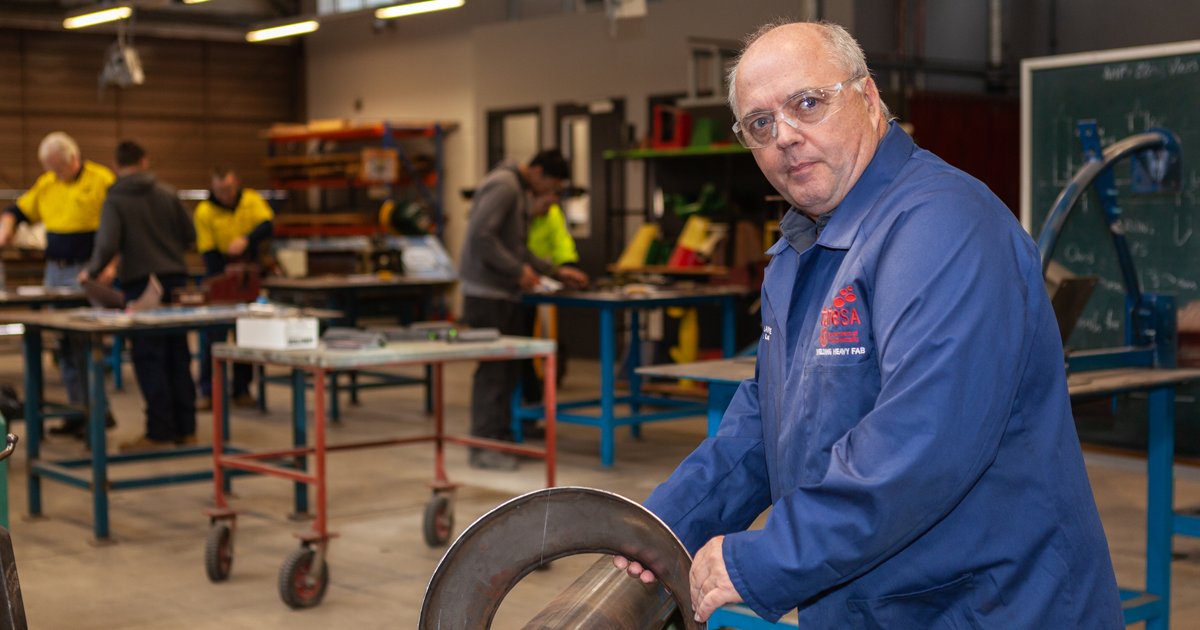 tafesa's tweet photo. W is for Welder: meet #TAFESA Senior Lecturer Dean Lawrence. He's been with us since '96, teaching the Certificate III in Engineering-Fabrication Trade (MEM30305). "Iโve enjoyed moulding the skills of young apprentices," he says. Read his words: https://t.co/HqyzH41L0P #AtoZjobs https://t.co/nnU9FAoX9L