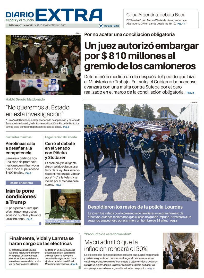 Diario_Extra's tweet photo. #LaTapa 🗞️MIRÁ LOS TÍTULOS DE @Diario_Extra #BuenMiércoles 

▪️@mauriciomacri reconoció #inflación del 30% y pidió "caminar" para buscar precios 🤑
▪️#Maldonado: “No queremos al Estado en esta investigación” ⚖️
▪️Juez autorizó embargo por $ 810 millones a #Camioneros 🚛 https://t.co/E84GhwkMTD