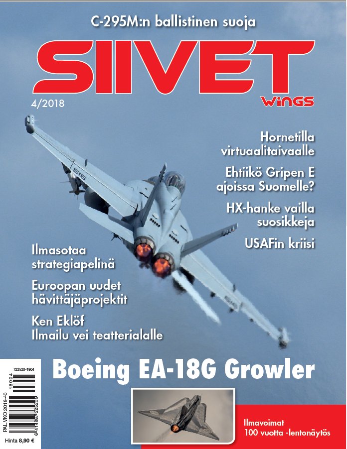 siivetwings's tweet photo. Siivet 4/2018 löytyy tänään hyvin varustetuista lehtipisteistä. #hx #growler #gripen #finaf100 #simulaattorit #dcs #lennähornetilla #draken #albatros #eurohävittäjät #usaf #c295m https://t.co/oAeWstfyFN