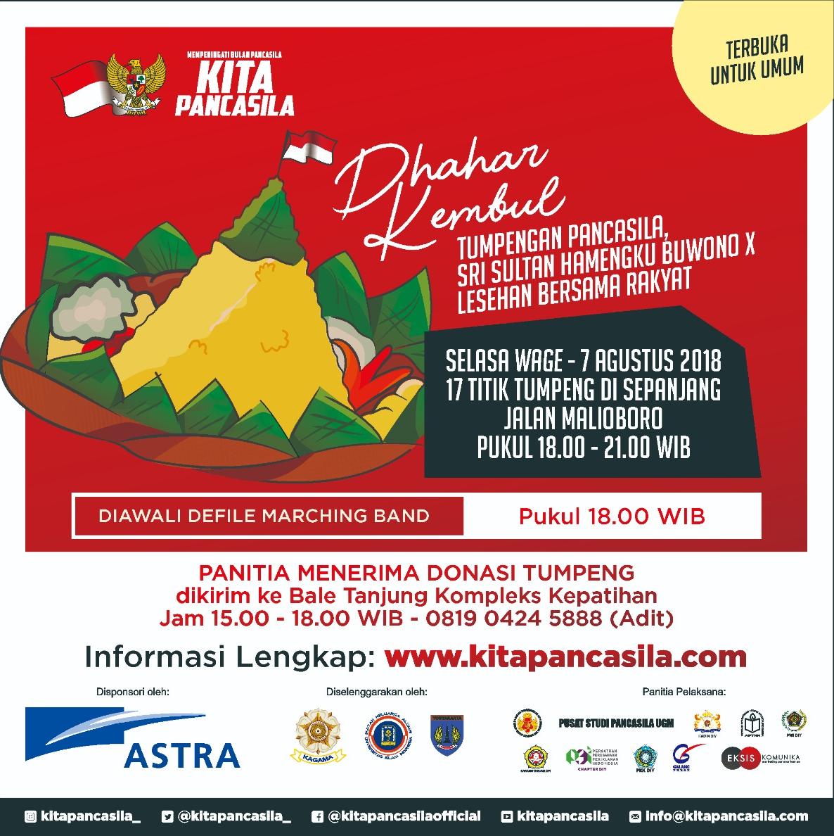 "Tumpengan Pancasila, Dahar Kembul Sri Sultan HB X Bersama Rakyat." | Selasa Wage 7 Agustus 2018 | Di sepanjang Malioboro Yogyakarta | Jam 18.00 - 20.00 WIB.