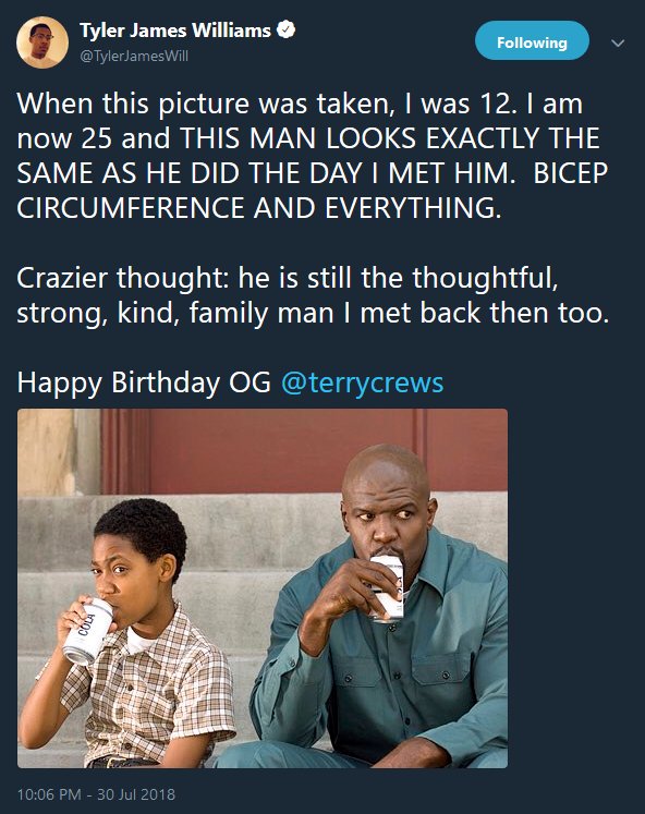 Tyler James Williams wishes Terry Crews happy birthday. 
