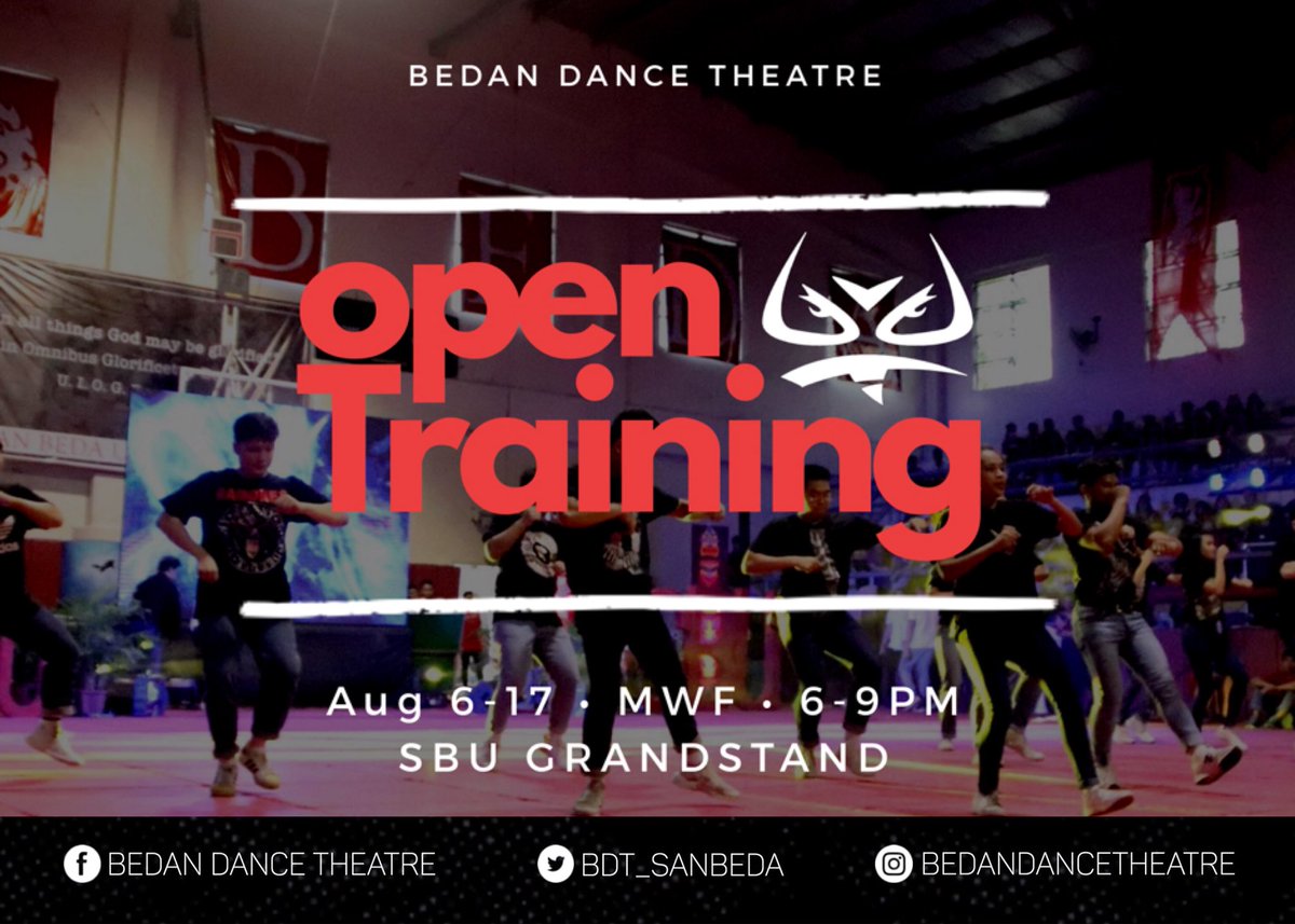 BDT_SanBeda's tweet image. [AUDITIONS]

The Bedan Dance Theatre will hold OPEN TRAINING for students who are interested to become part of our family!

AUGUST 6 to 17, every Mon, Wed, and Fri
6-9 PM
SBU Grandstand

Registration starts at 5PM.

For questions, contact Joshua Rañeses at 0977 019 8601

#RSSL