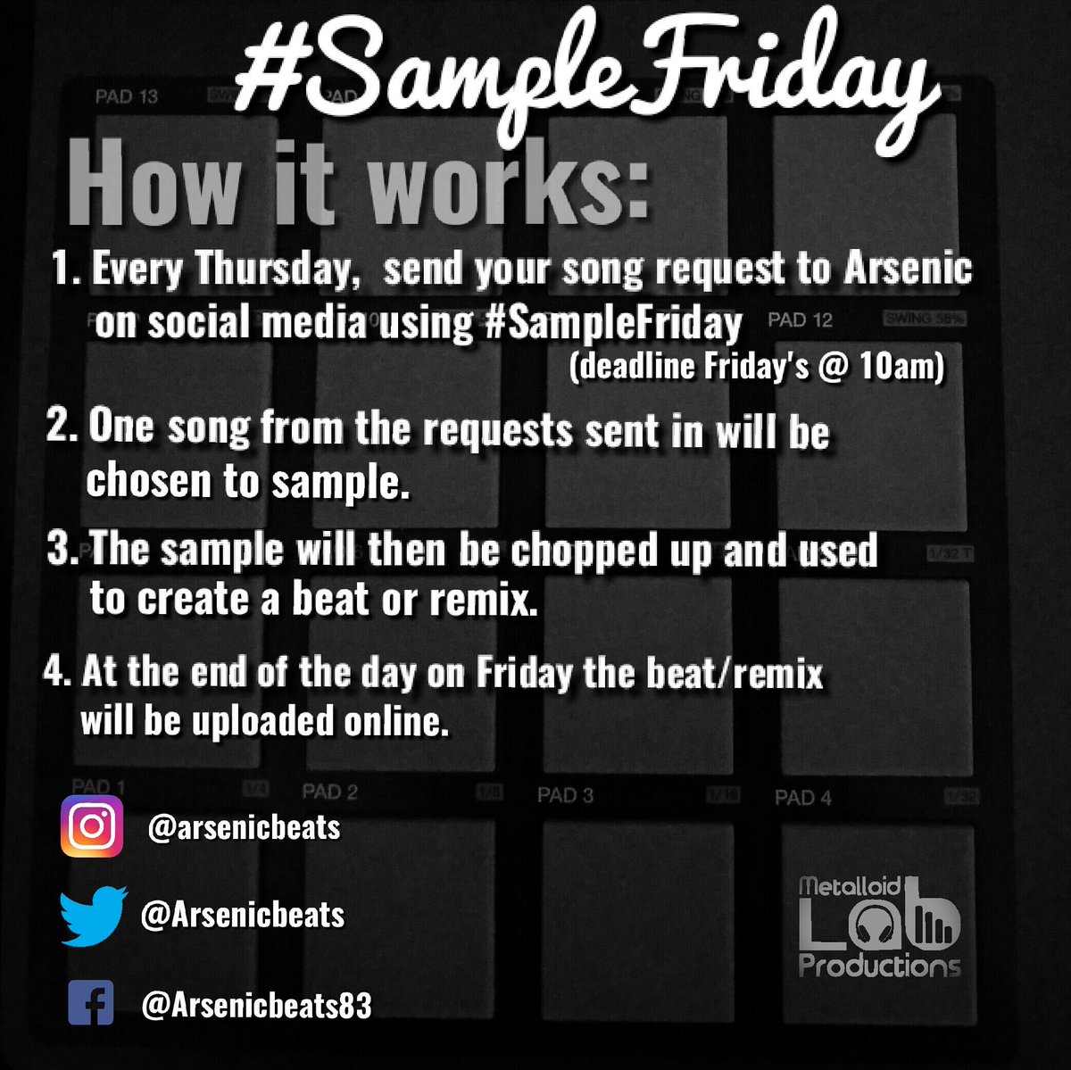 Arsenicbeats's tweet photo. So it's my final week of #SampleFriday 
It's officially been 1 year!!!

Due to other commitments, the last edition of Sample Friday will happen tomorrow,  on  Thursday.

What song do you want me to sample?

Comment on this post with your song requests.

#1YearOfSampleFriday https://t.co/0XBzFiKH1t