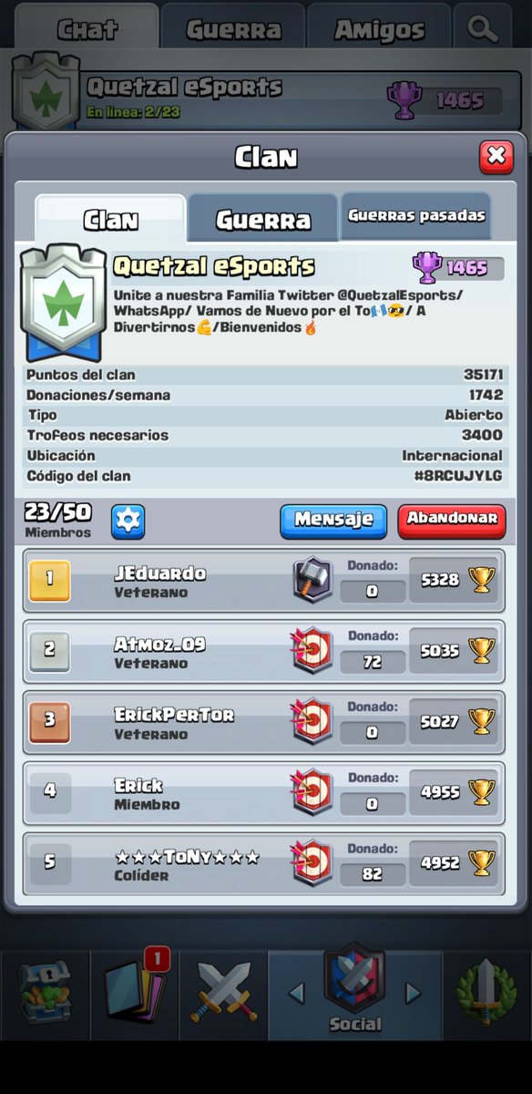 Estamos de vuelta ahora  mas fuertes que nunca para salir adelante 😎 Necesitamos gente comprometida con el clan y que tenga deseos de apoyar y estar en esta Familia
3800 copas en adelante....!!
Quetzal Sports 🏆 
Comunicarse con el Capitan <a href="/Gabriel97ns/">Gabrielns28😎</a>
 Para mas informacion 🥇