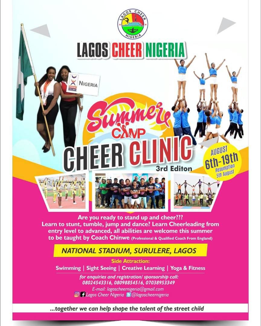 Lagoscheernig's tweet photo. Summer camp cheer clinic 2018 coming up in few days. Our coach has arrived from UK @ChinweNOkeke . We are so excited. #cheerhappy #cheerproud #nigeria #lagoscheernigeria #summercamp #cheerleading #supportcheer #growing https://t.co/qtbcyuAMXa