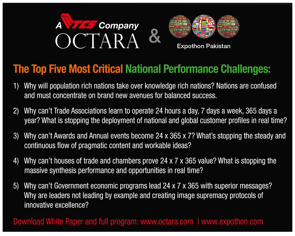 TeamOctara's tweet photo. The Top Five Most Critical National Performance Challenges

Download White Paper and full program : https://t.co/CbiNyHAxL2 | https://t.co/FERpSOSnPo

@FPCCIOfficial @KCCI @BTKUpdates  @CPEC_Official @WomenEnt  @tcs_couriers  @WomenChamber  #TCSOctara #Expothon https://t.co/xg2a1a4hm1