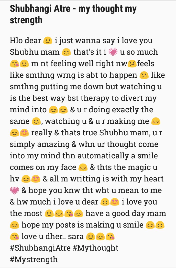 SonuKDas32's tweet photo. Gm @ShubhangiAtre mam☺️💗hw r u😊dis is wht i've 2 say dont knw Y m feelng nt right nt well feel lyk smthng puttng me dwn bt ur thought is takng me up &amp; makng me feel 😊, smply amazng u r mam😘u r abv evrythng😊hop u knw tht wht u r 4 me &amp; hw mch i 💗 u😊😘luv u dher sara😘😘😊 https://t.co/FzFOjE3JWQ