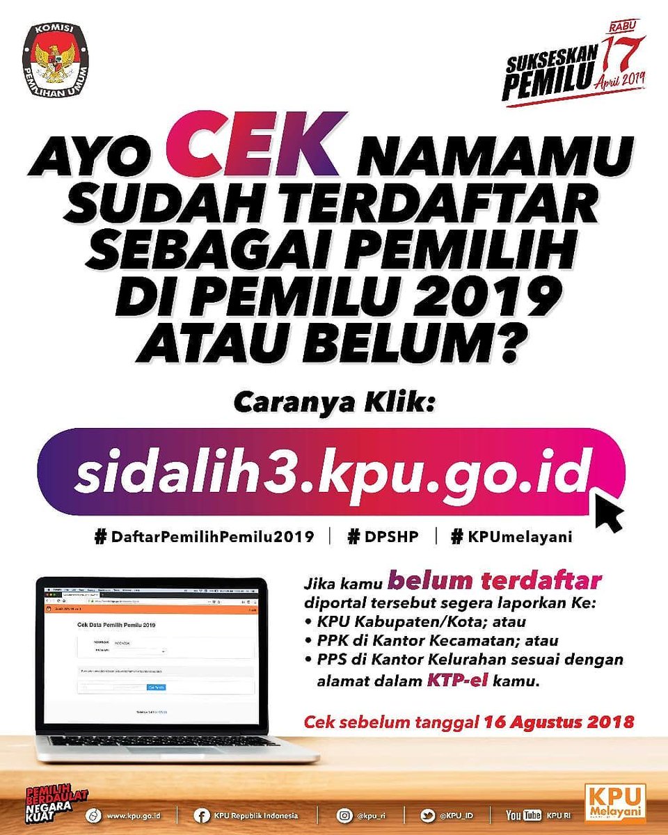 SINDOnews's tweet photo. Ayo cek namamu sudah terdaftar sebagai pemilih di Pemilu 2019 atau belum? Caranya klik https://t.co/R2awoRHoVs
#KPUMelayani #DaftarPemilihPemilu2019 #DPSHP https://t.co/AQSNii09TL